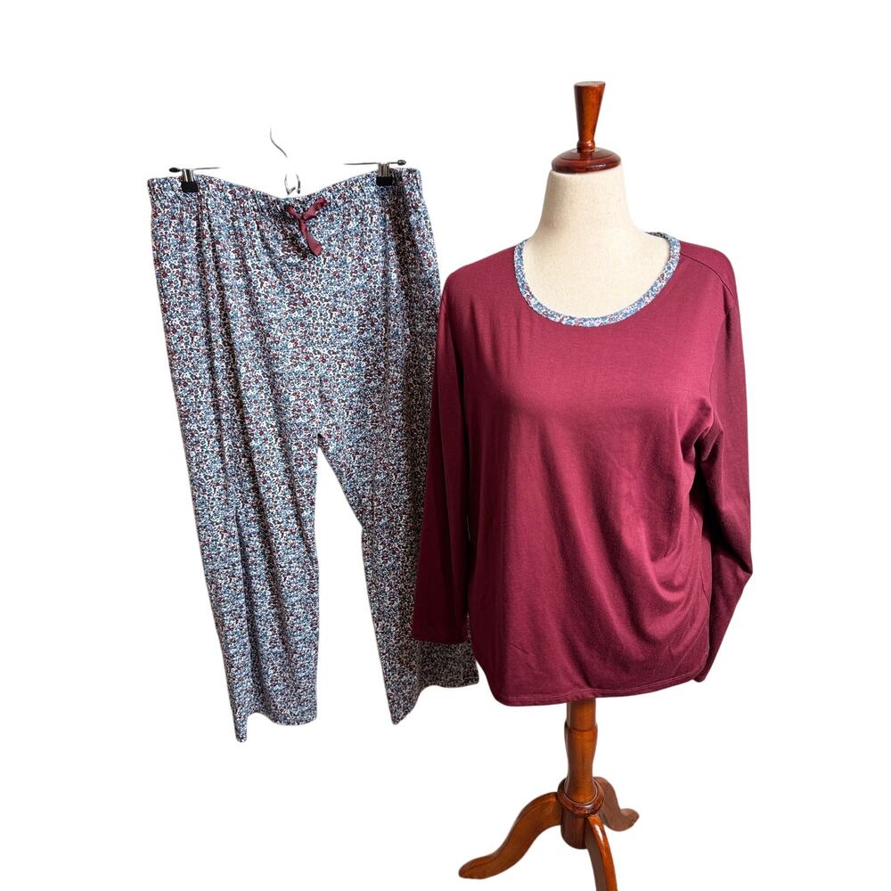 Lands' End sleep set maroon long sleeve top & floral pull on pants stretch Sz L